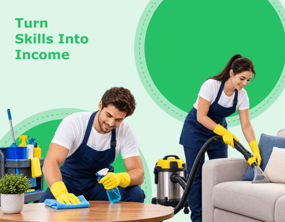 Two cleaners at work in a living room