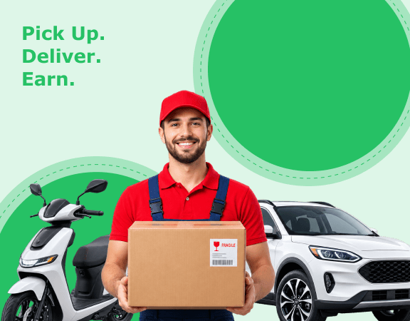 A delivery rider holding a parcel beside a scooter and a car